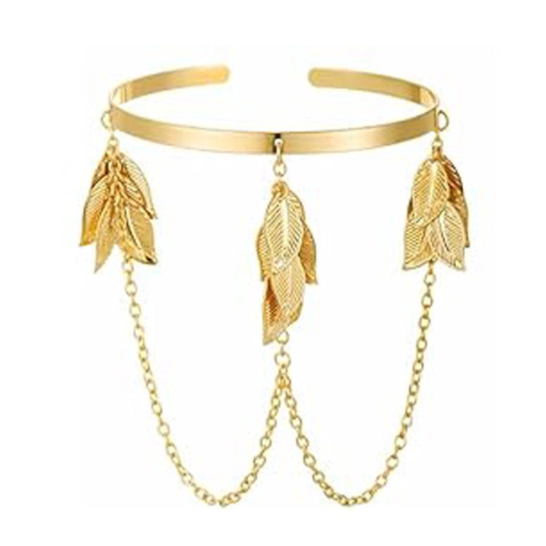 Minimalist Elegant Leaf Design Plated Iron Adjustable Arm Cuff Bracelet with Tassel
