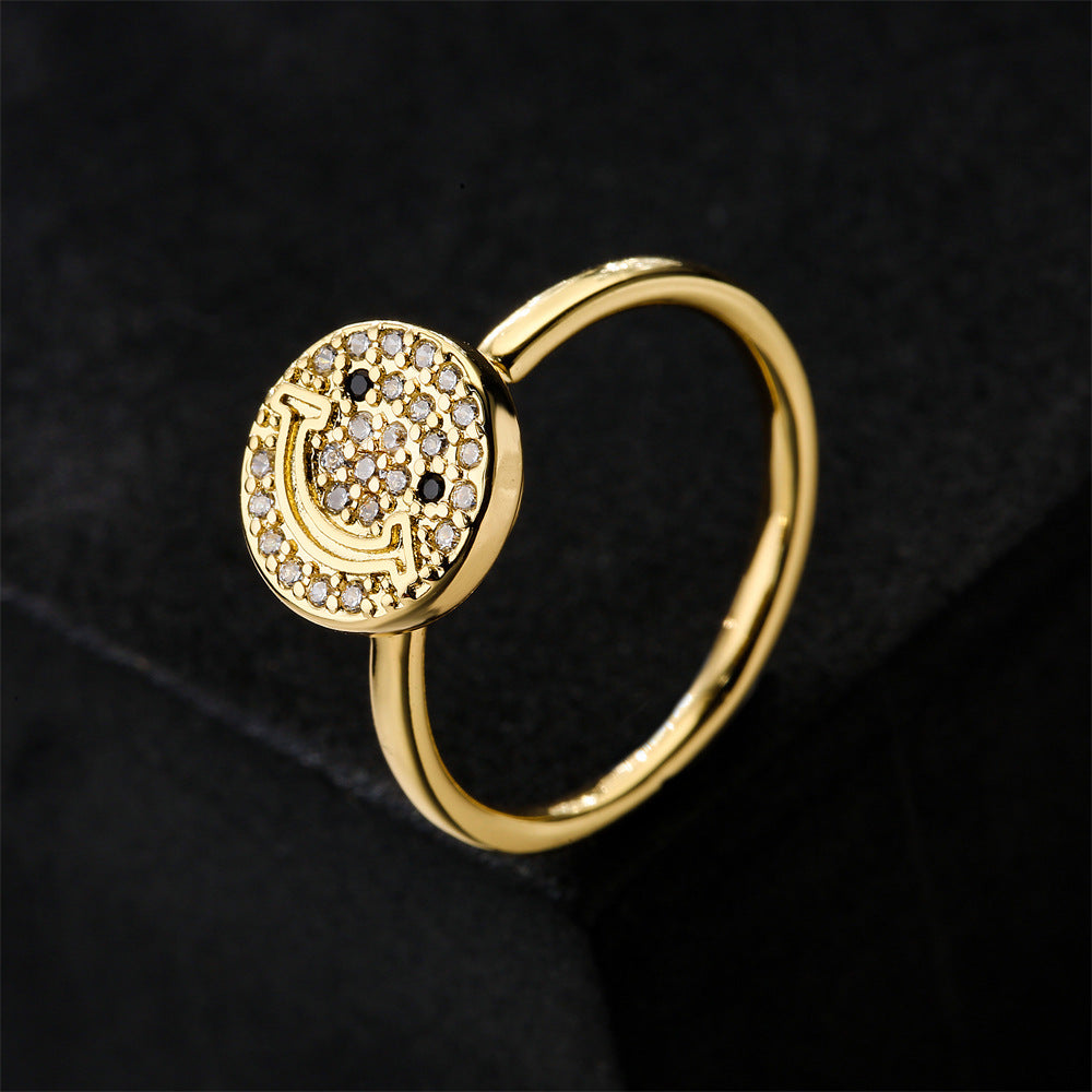 Rotatable Smiley Face Open Ring Geometric Brass Gold Plated Cubic Zirconia Inlay Women