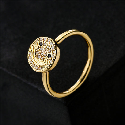 Rotatable Smiley Face Open Ring Geometric Brass Gold Plated Cubic Zirconia Inlay Women