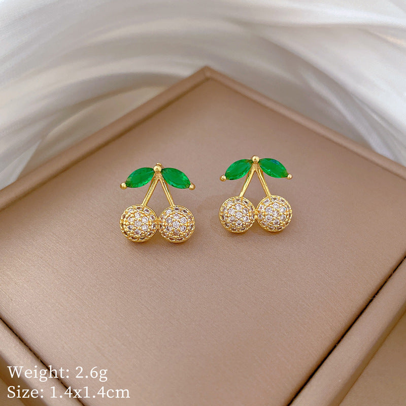 Minimalist Green Leaf Cherry Pendant Necklace and Earrings Set in Titanium Steel with Electroplating Finish for Women