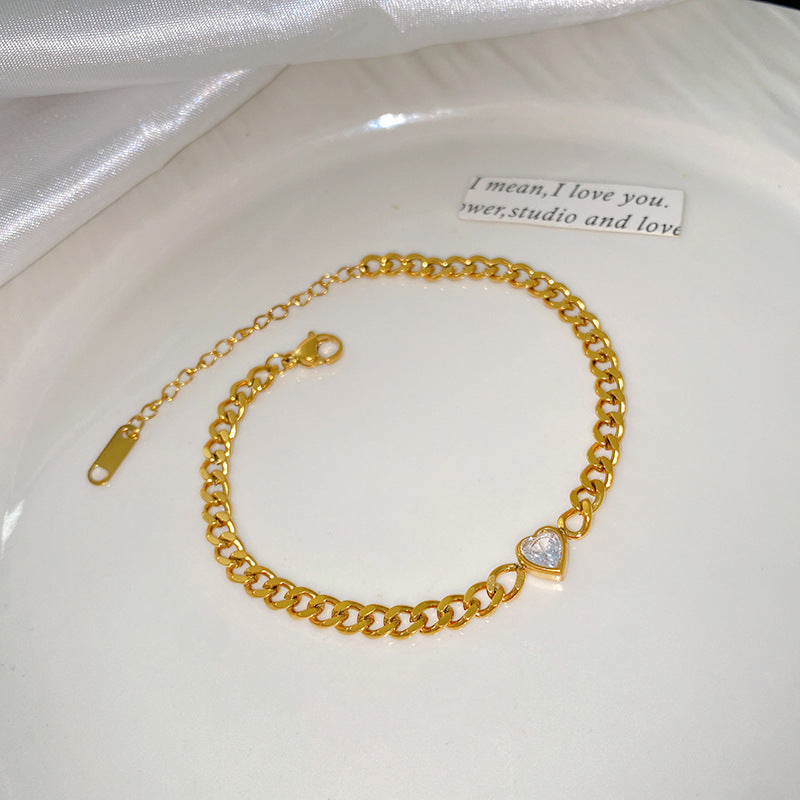 Elegant Stainless Steel Bracelet with Heart and Floral Geometric Design Cubic Zirconia Inlay Plated Finish