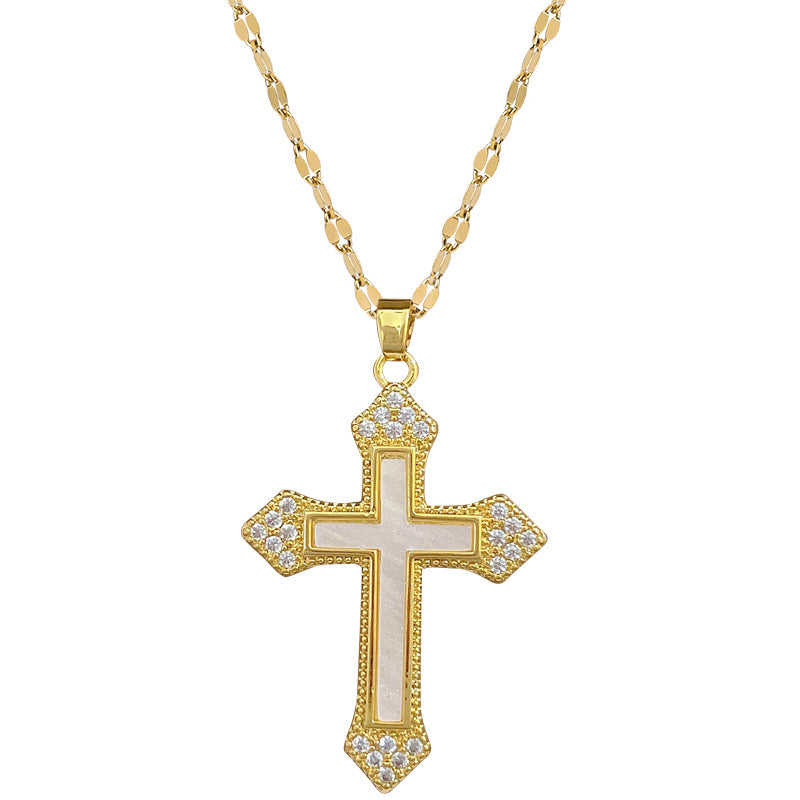 Luxury Titanium Steel Seashell Cross Pendant Necklace for Women with Rhinestone Inlay, Geometric Design, Delicate Clavicle Chain