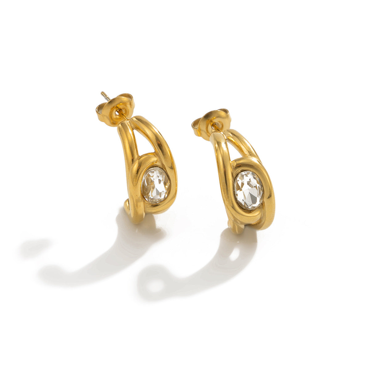 Elegant Geometric 18K Gold Plated Stainless Steel Rhinestone C-Shaped Earrings for Women