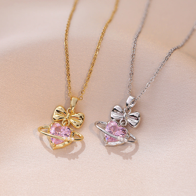 Sweet Minimalist Bow and Heart Shaped Titanium Steel Pendant Necklace with Rhinestone Inlay on O-Chain for Women
