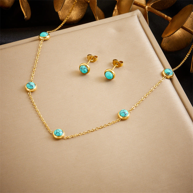 Vintage Blue Turquoise Pendant Necklace Set with Round Earrings and Bracelet Stainless Steel Plated Jewelry for Women
