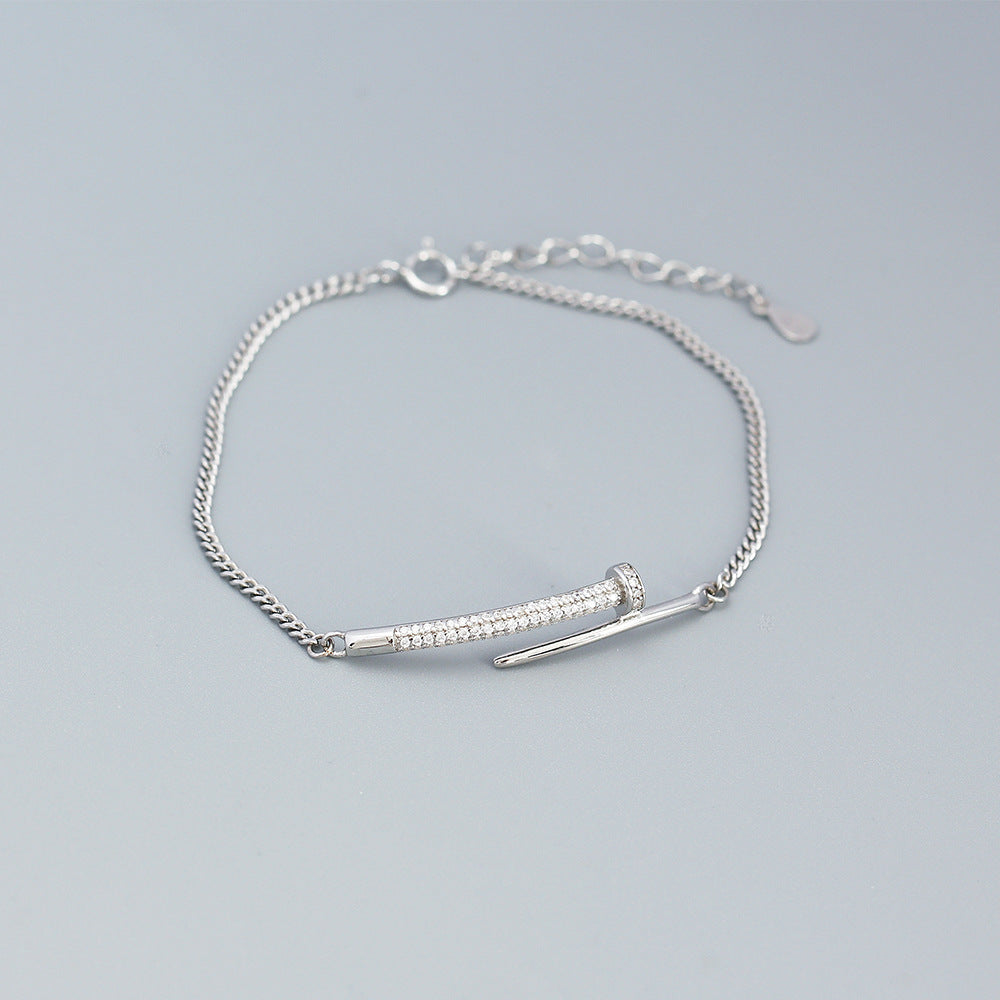 Pulsera geométrica de plata de ley 925 con incrustaciones de diamantes y remaches para mujer