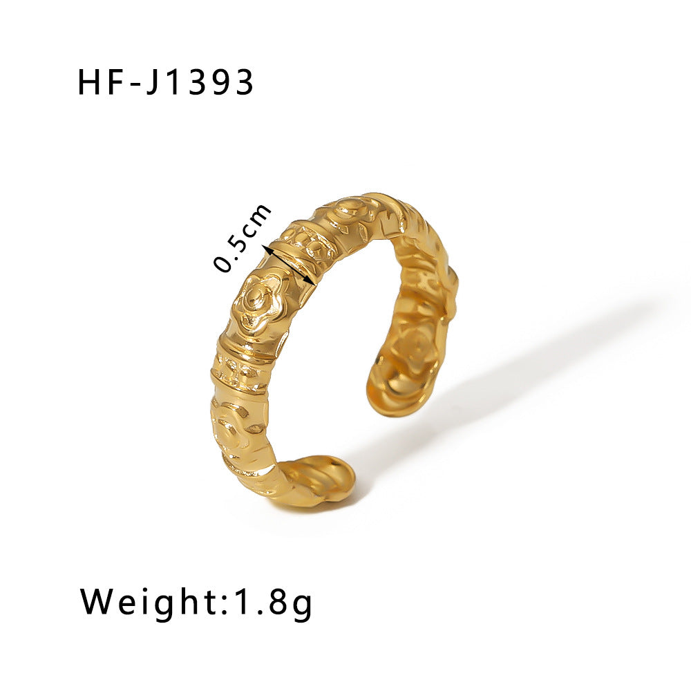 Minimalist Instagram Style Geometric Hollow Leaf and Floral Titanium Steel Ring with 18K Gold Plating for Women