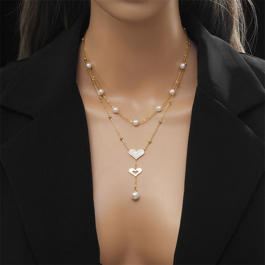 Vintage-Style Double-Layer Pendant Necklace with Pearl and Butterfly Charm, Stainless Steel Chain with Tassel Accents and Plated Finish