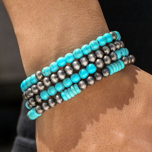 Vintage Textured Tin CCB Beaded Bracelet with Turquoise Stones for Women