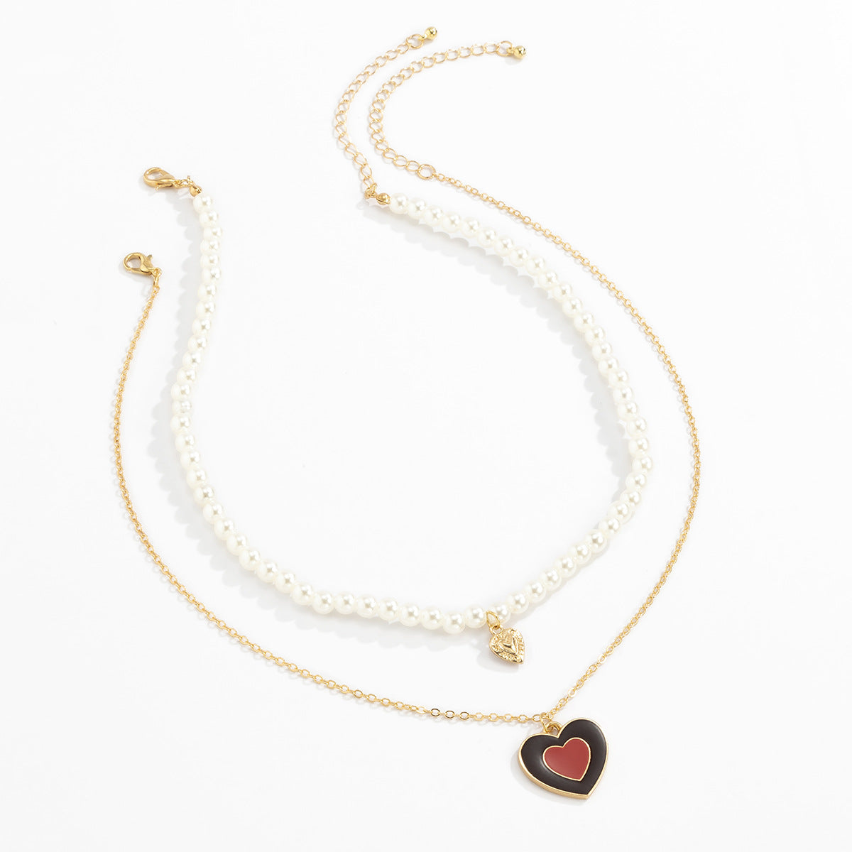 Vintage Hip-hop Sweet Geometric Heart Drip Oil Alloy Pendant Imitation Pearl Ball Chain Necklace for Women