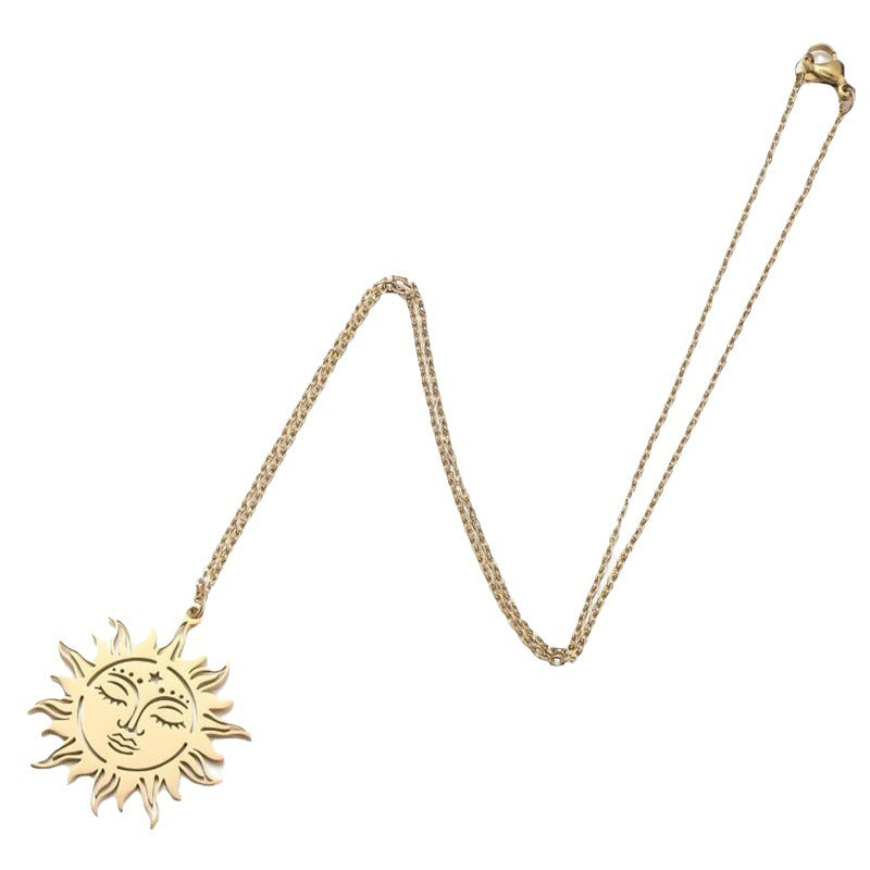 Elegant Greek Sun Goddess Pendant Necklace in Stainless Steel with Polished Finish, Geometric Design, Floral Daisy Motif, for Women