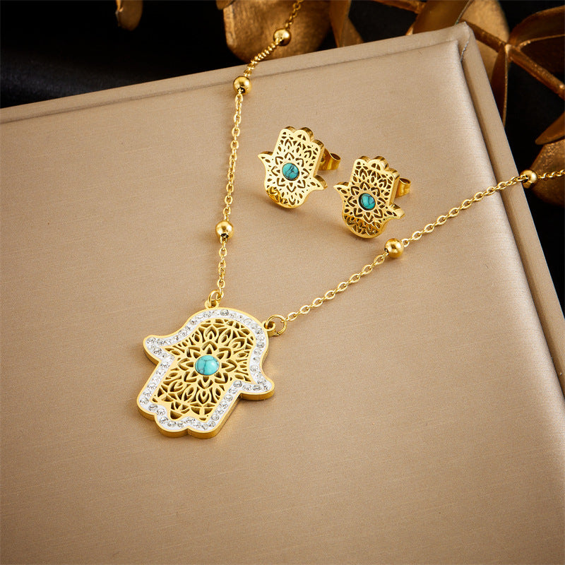 Vintage Fashion Hand-Shaped Turquoise Inlay Openwork Mesh Stainless Steel Necklace and Earrings Set