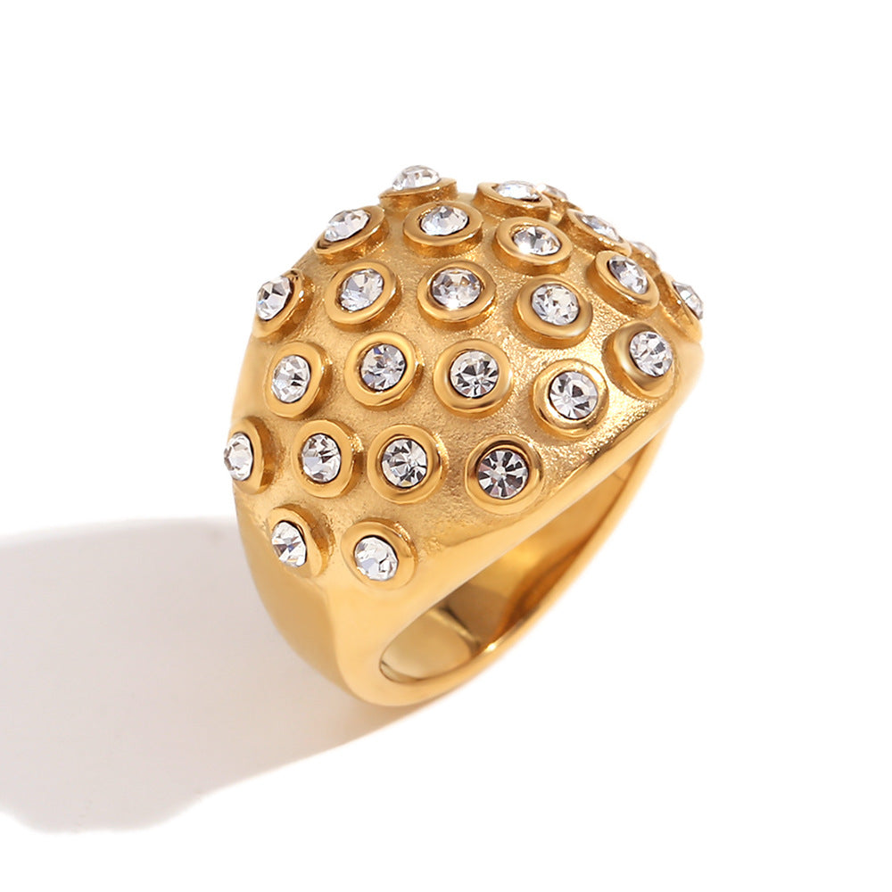 Anello vintage a cuore in acciaio inossidabile con placcatura in oro 18 carati e zirconi a cupola rotonda