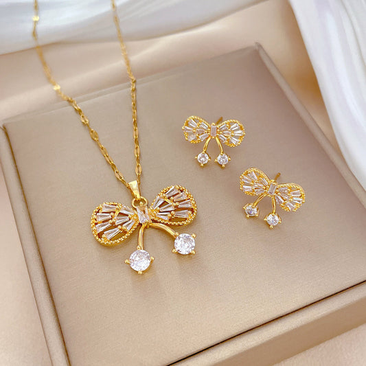 Luxury Titanium Steel Micro-Pave Butterfly Necklace and Earrings Set for Women Elegant Party Jewelry