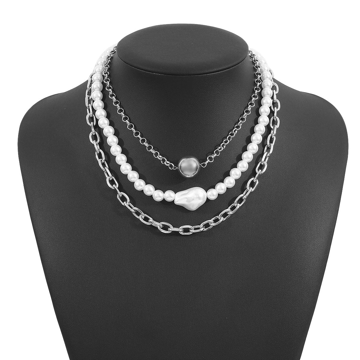 Collar de aleación minimalista con perlas y diseño geométrico, acabado chapado para mujer