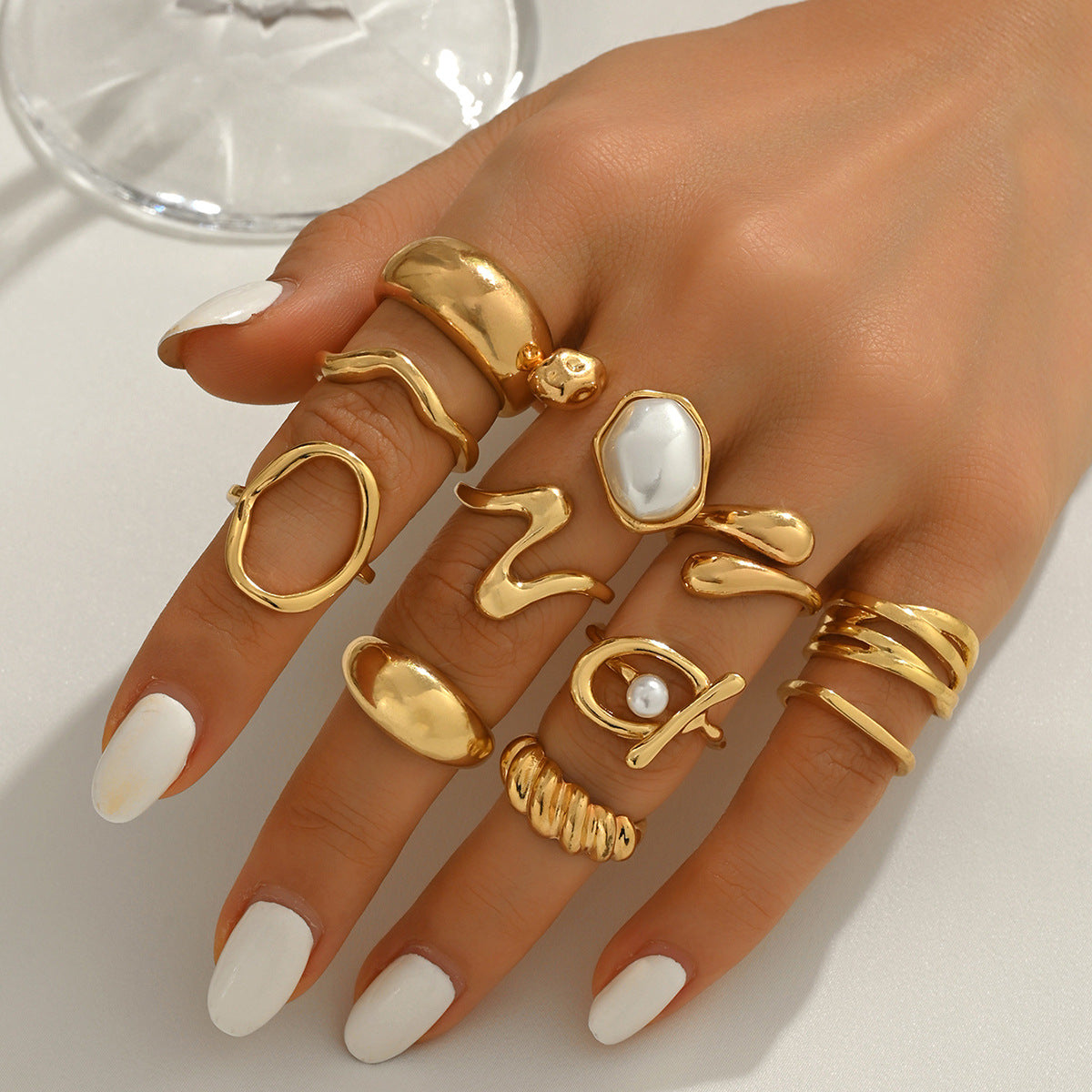 Minimalist Geometric Circle Ring Set with Pearl Inlay for Women Adjustable Open Band Luxury Style