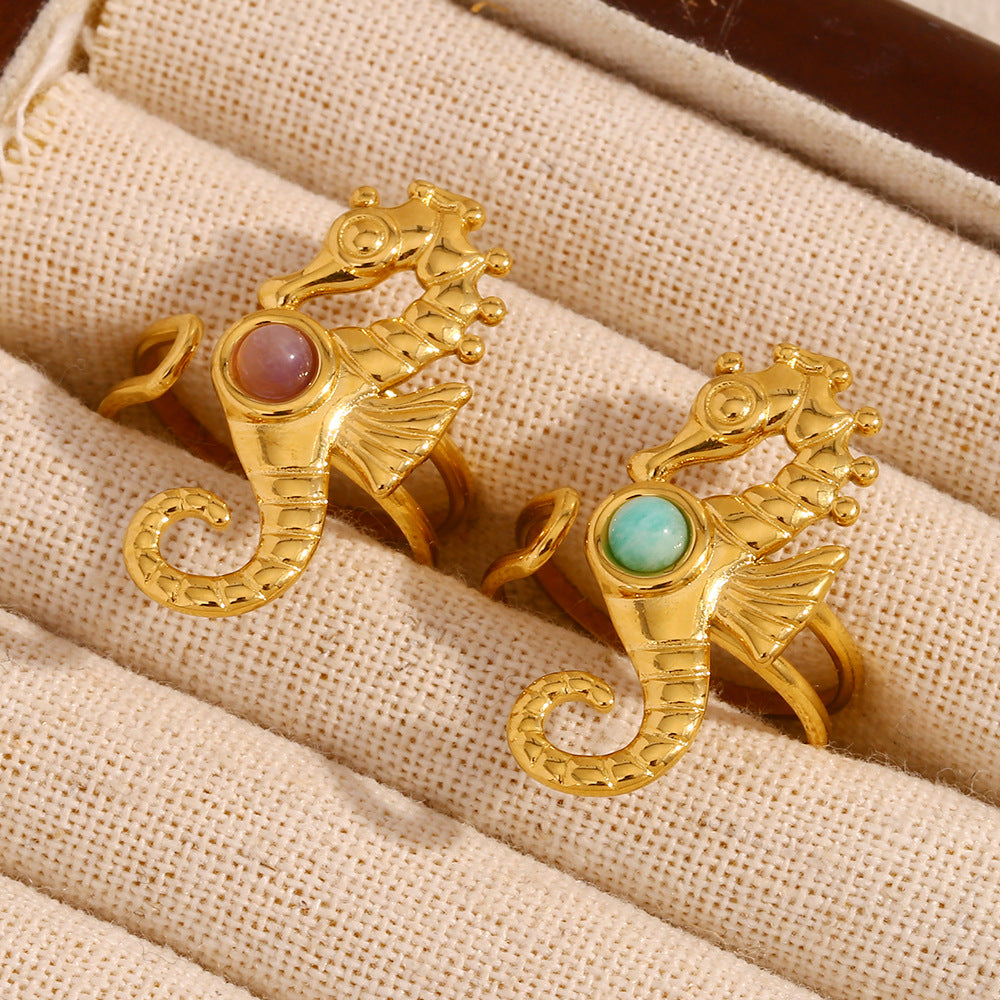 Fashionable Unisex Seahorse-Shaped Stainless Steel Ring with 18K Gold Plating and Ruby Accent