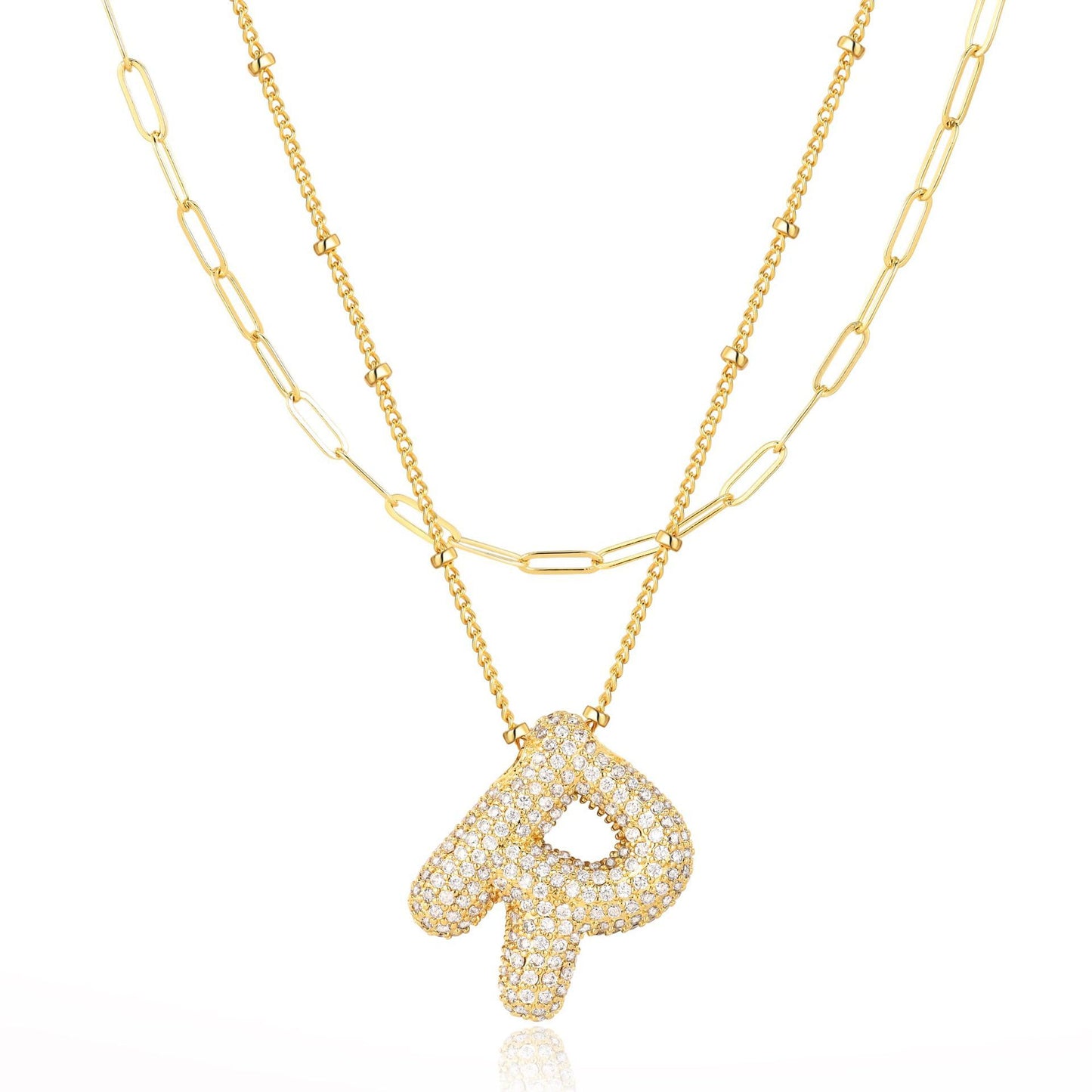 18K Gold Plated Brass Double Layer Letter Necklace Micro Pave Cubic Zirconia Serpentine Chain Women's Jewelry