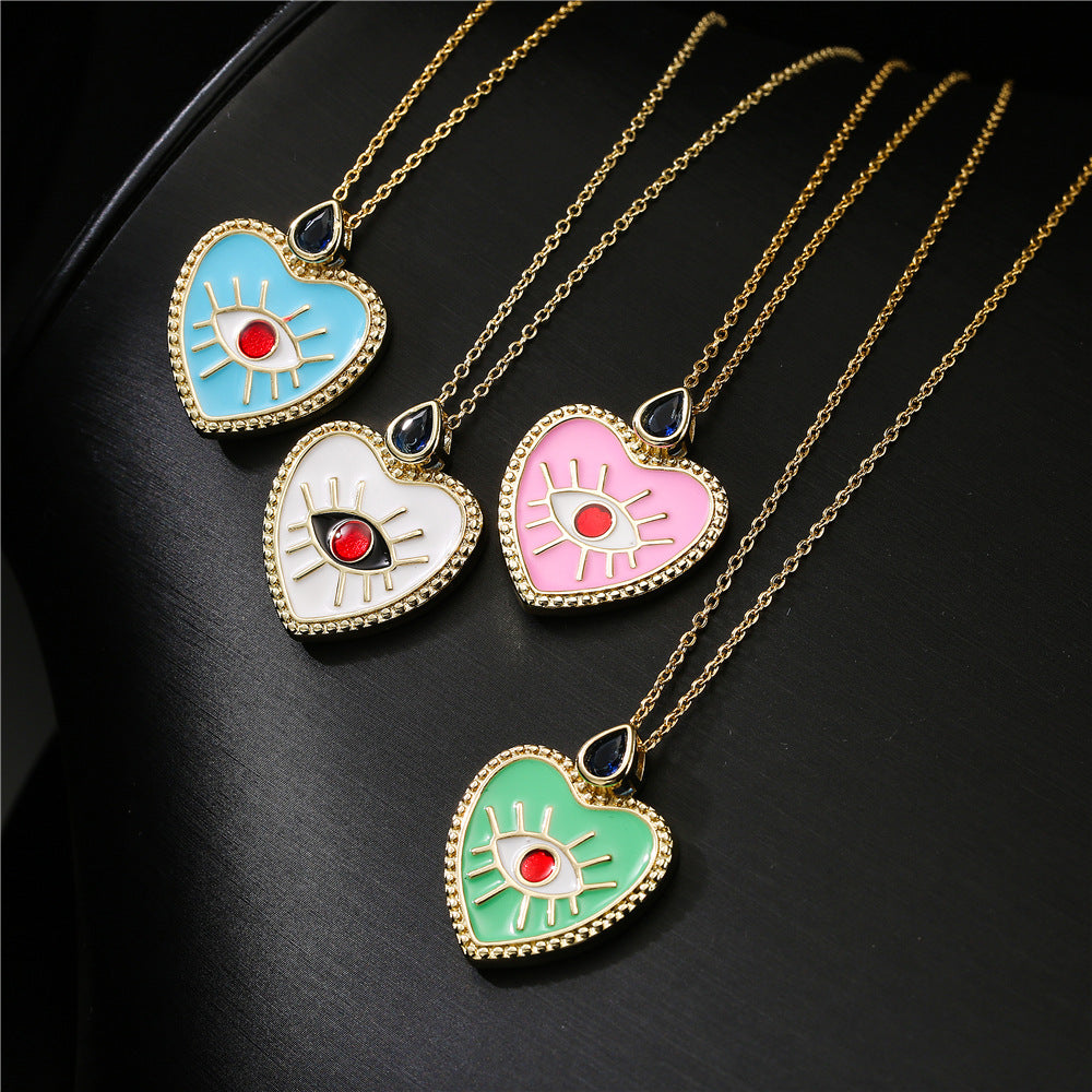 Heart Geometric Drip Oil Gold Plated Brass Necklace with Cubic Zirconia Pendant 45cm Cable Chain