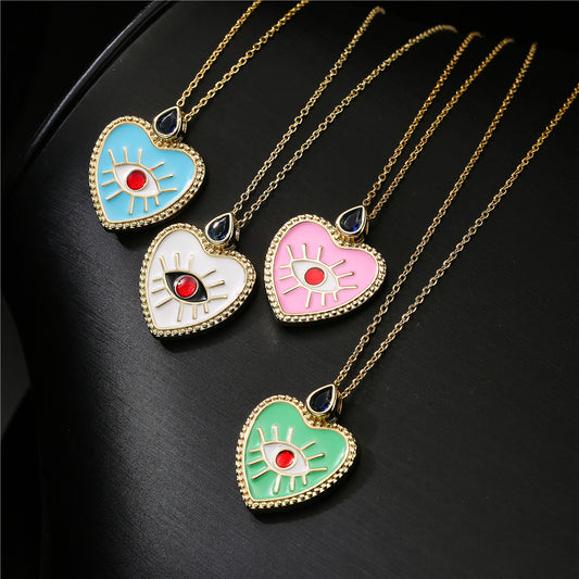 Heart Geometric Drip Oil Gold Plated Brass Necklace with Cubic Zirconia Pendant 45cm Cable Chain
