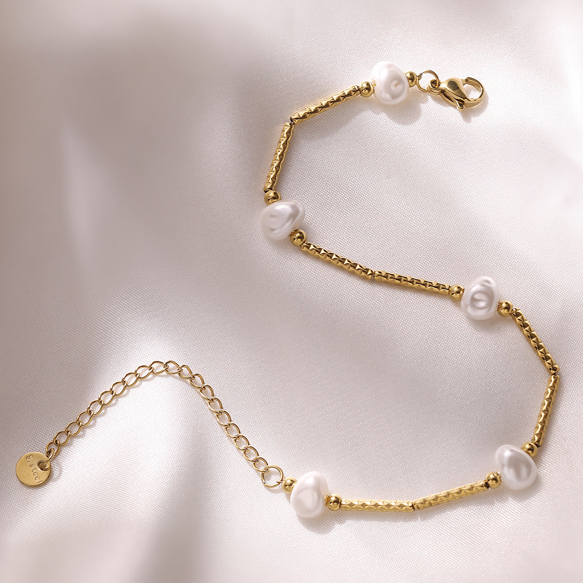 Minimalist Luxe Bamboo Joint Pearl Bracelet for Women Stainless Steel with 18K Gold Plating
