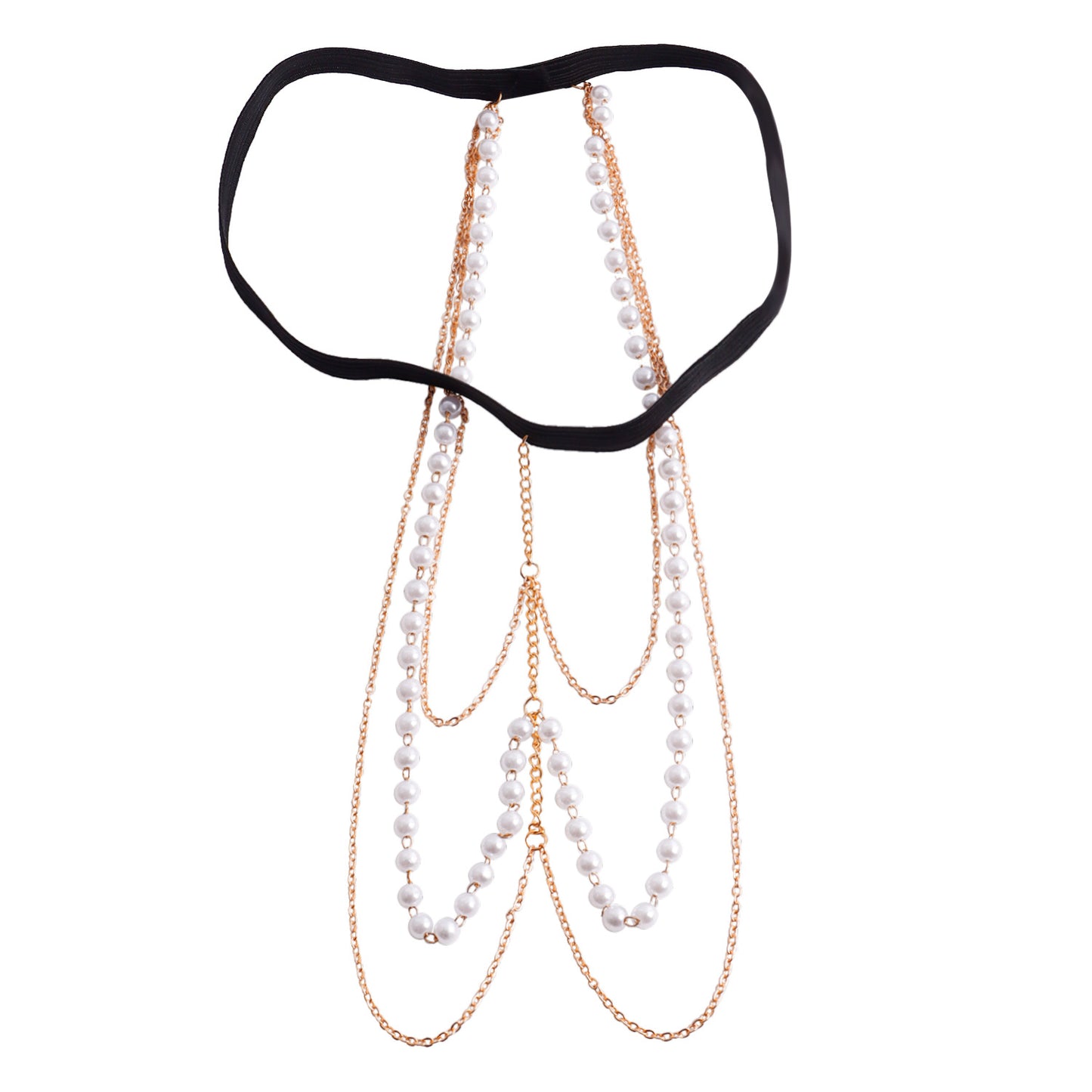Geometric Alloy Anklet for Women with White Simulated Pearl Accents Long Body Chain Fashion Anklet