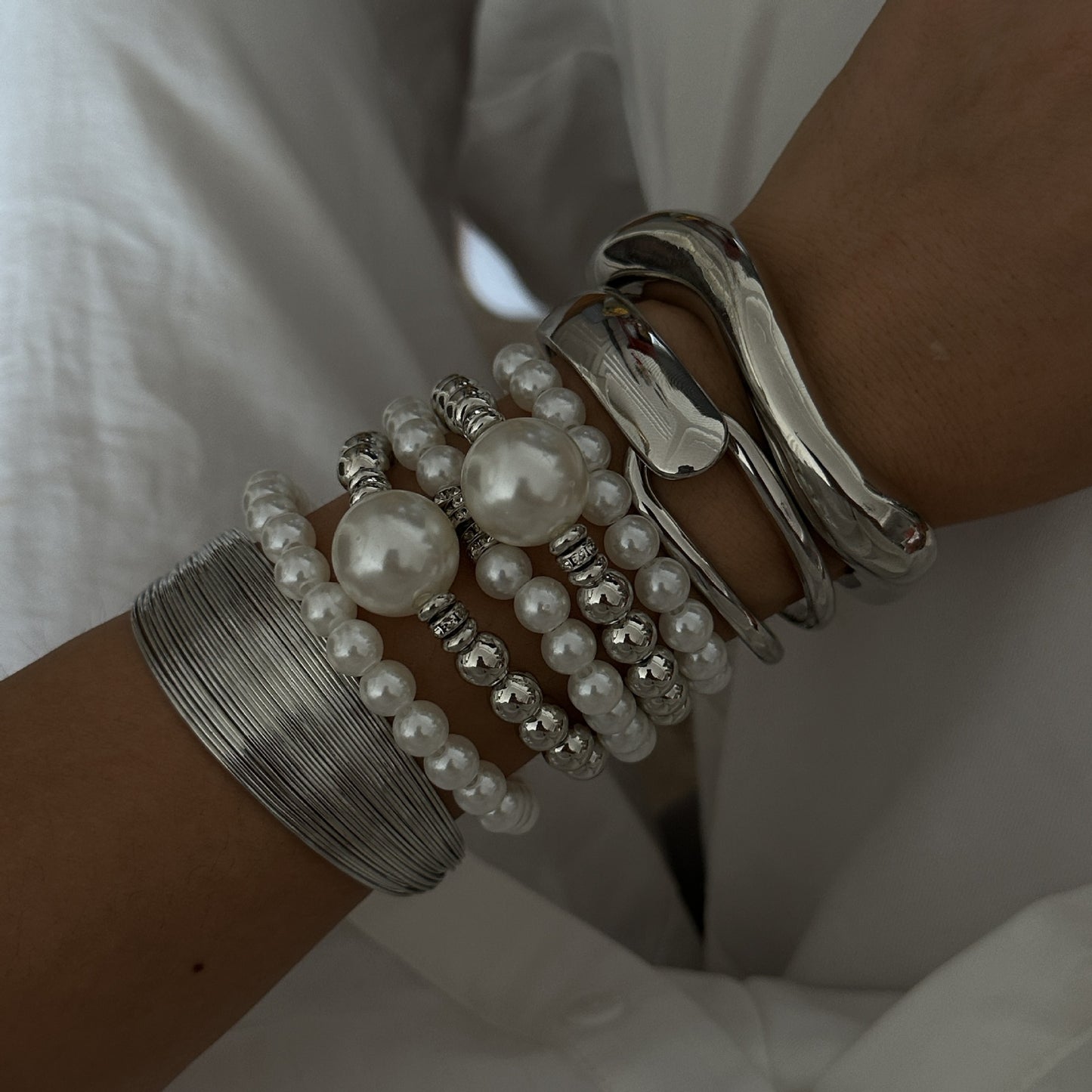 Bold Geometric Round Faux Pearl Plated Rhinestone Multi-Layer Open Cuff Bracelet for Women