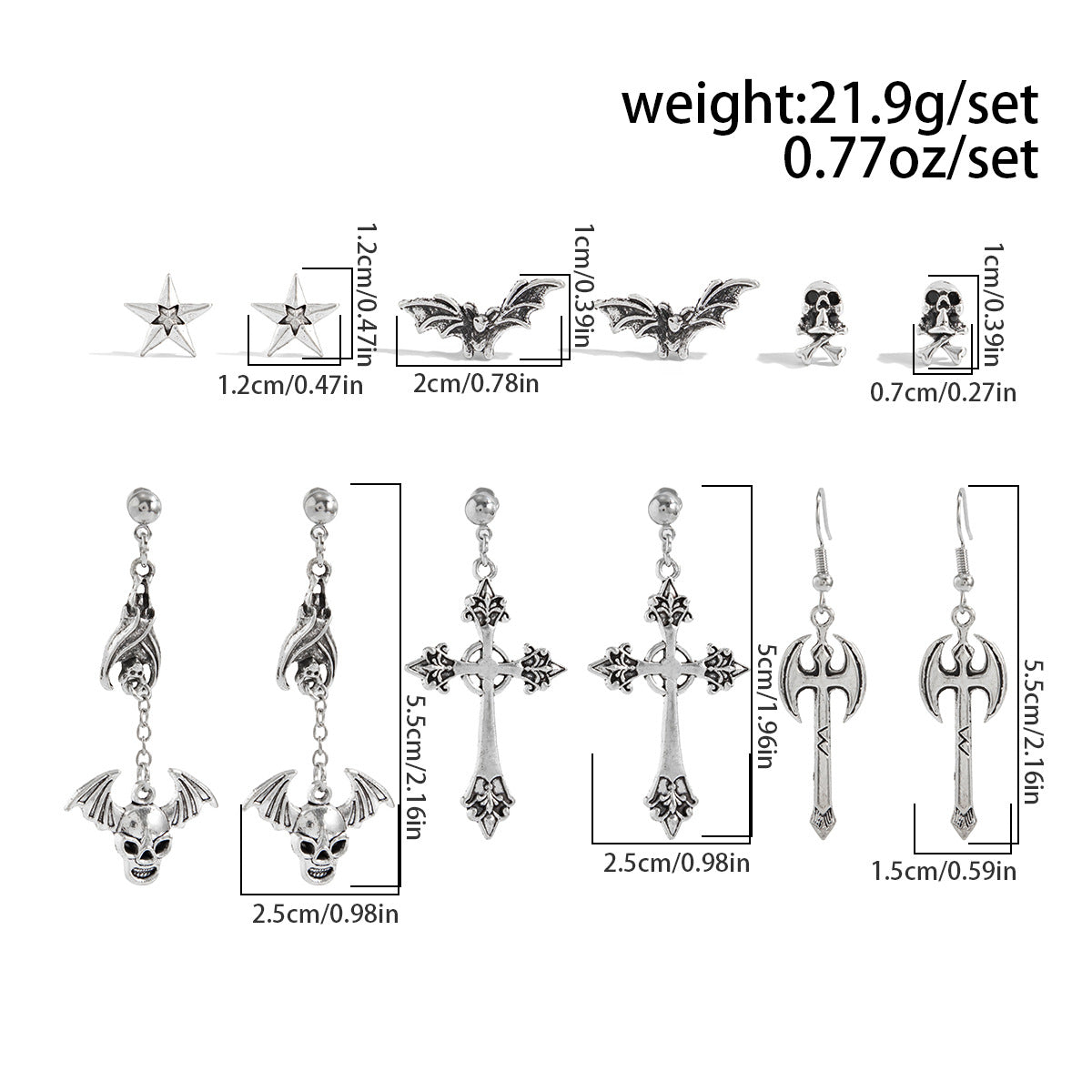 Vintage Alloy Plated Animal Shape Crystal Tassel Earrings Set with Bat and Rose Design for Women