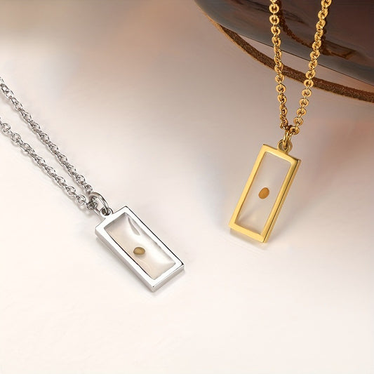 Collana da donna con ciondolo in acciaio al titanio e catena in acciaio inossidabile, con fiore essiccato e gemma del tempo, stile naturale, rettangolare