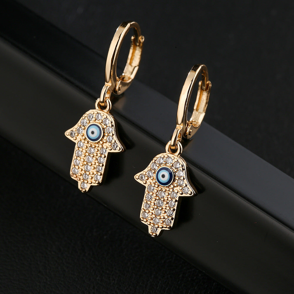 Minimalist Fatima Hand Earrings for Women in Copper with 18K Gold Plating and Zircon Inlay