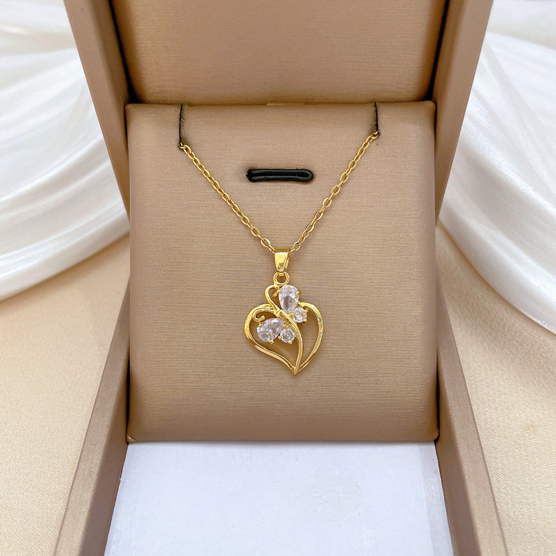 Collar Minimalista de Acero de Titanio con Forma de Corazón y Mariposa con Incrustaciones de Circonita Cúbica para Mujeres y Hombres, Delicada Cadena para Clavícula