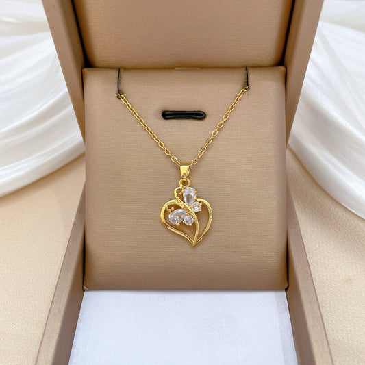 Collar Minimalista de Acero de Titanio con Forma de Corazón y Mariposa con Incrustaciones de Circonita Cúbica para Mujeres y Hombres, Delicada Cadena para Clavícula