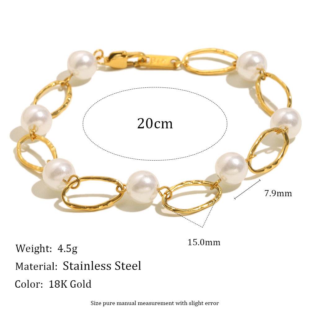 Bracciale da donna in acciaio inossidabile placcato oro 18 carati con perle finte, geometrico e minimalista