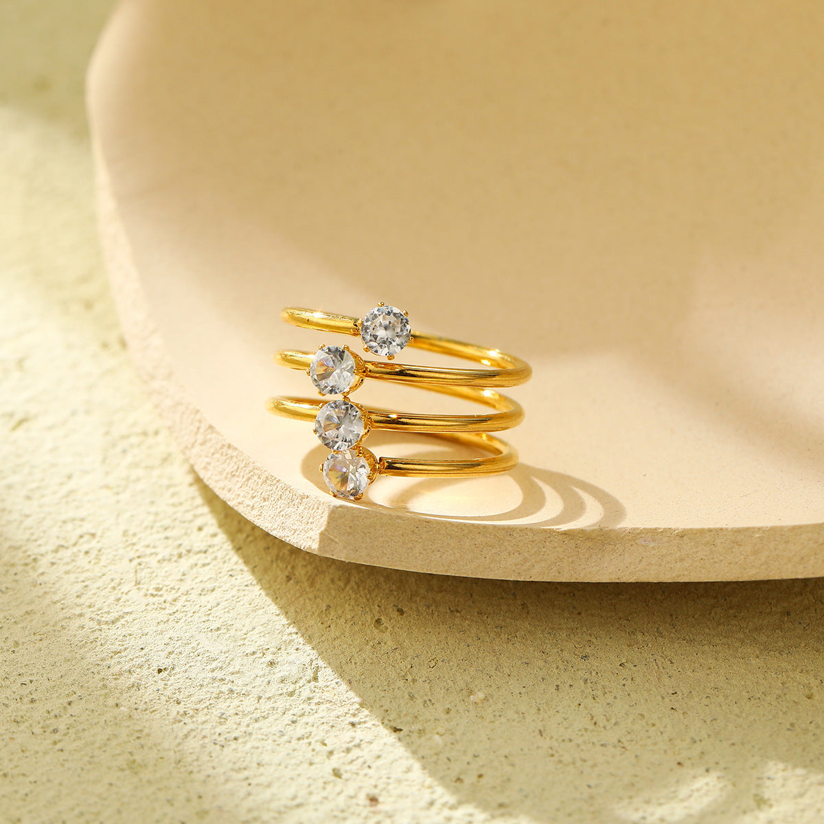 Minimalist Geometric Three-Layer Open Ring with Four Round Cubic Zirconia Stones Plated in 18K Gold Stainless Steel Women's Fashion Jewelry