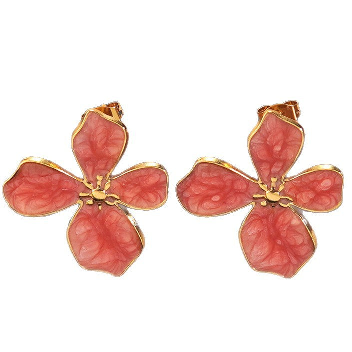 Minimalist Drip Oil Floral Stainless Steel Necklace and Earring Set for Women