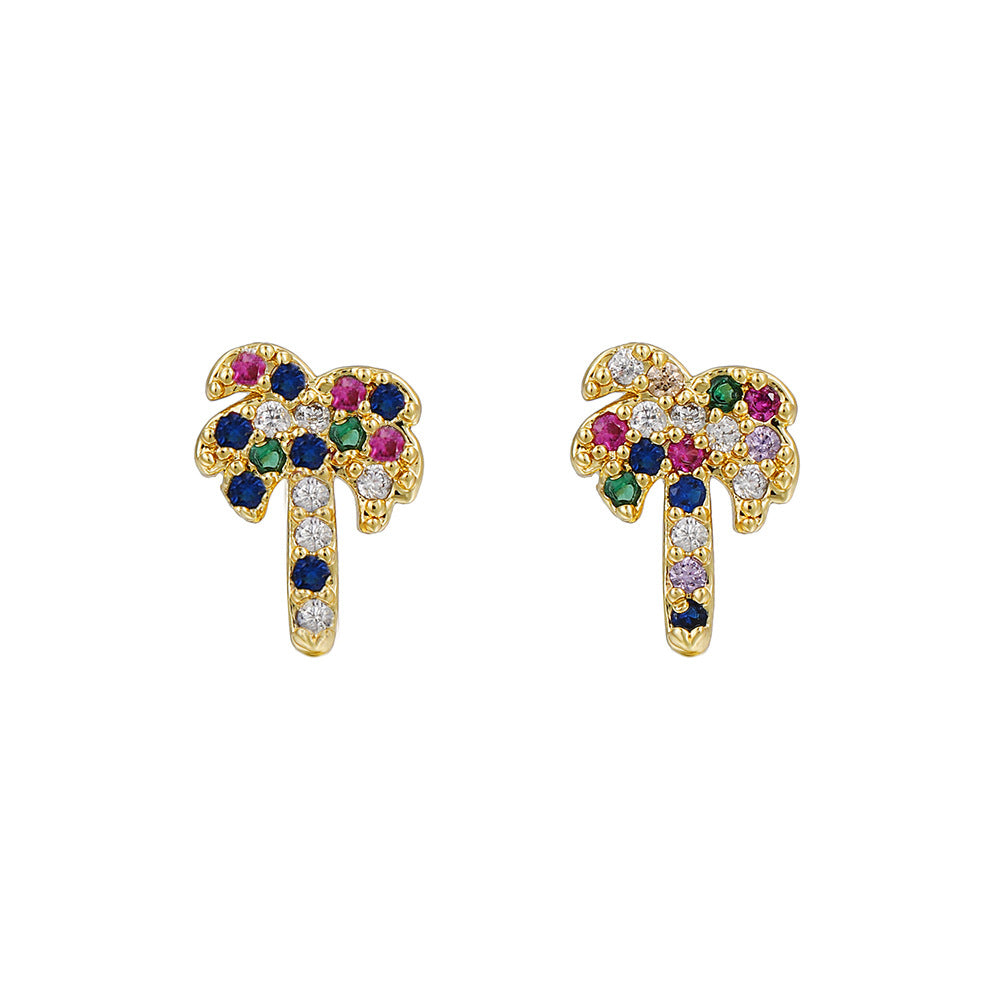 Geometric Plant Brass Inlaid Cubic Zirconia Stud Earrings for Women