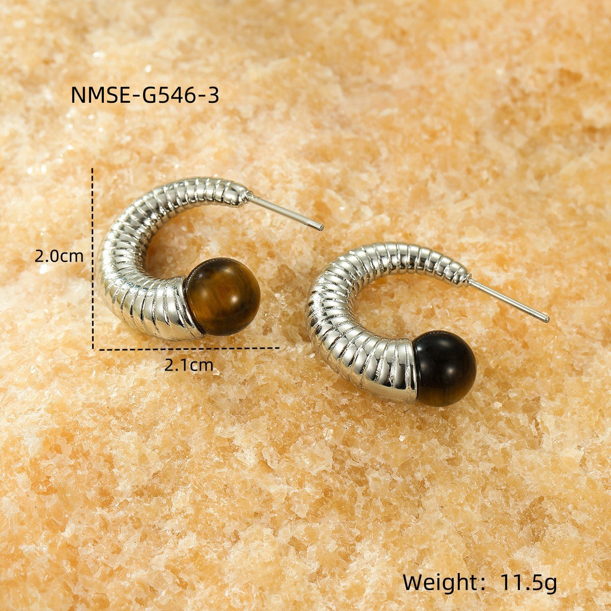Orecchini a C in Acciaio al Titanio Stile Vintage con Perle e Inlay di Pietre Naturali Occhio di Tigre per Donna