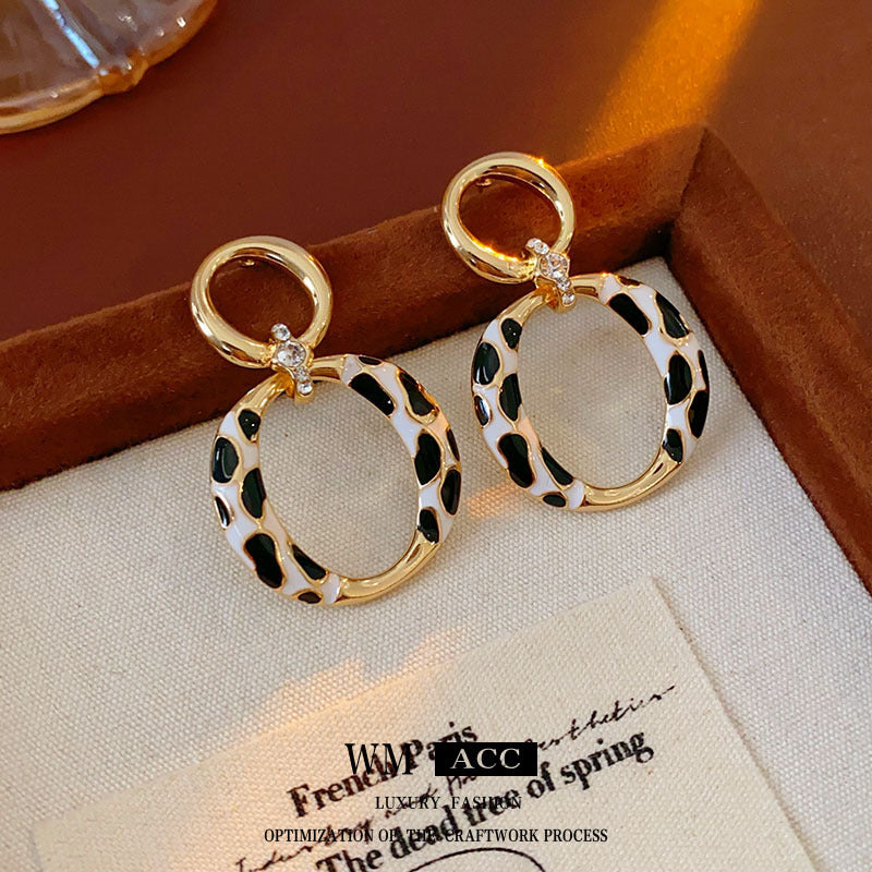 Vintage-Style Geometric Round Hoop Earrings for Women with Alloy Base Plated in Silver Tone Enamel Leopard Print and Rhinestone Inlay