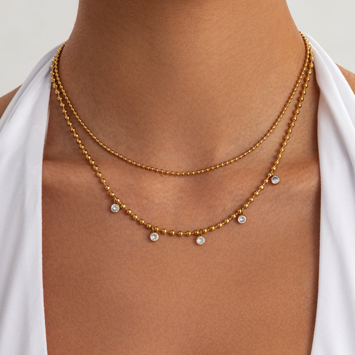 PVD 18K Gold Plated Stainless Steel Round Bead Cubic Zirconia Necklace for Women