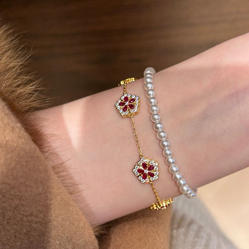 Elegant Floral Hand Chain for Women Made of Brass with Zircon Inlay, Minimalist Luxury Style Bracelet for Daily Wear and Office Use