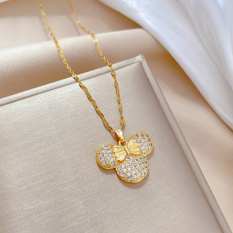 Luxury Sweet Geometric Rhinestone Mouse Pendant Necklace in Titanium Steel Chain
