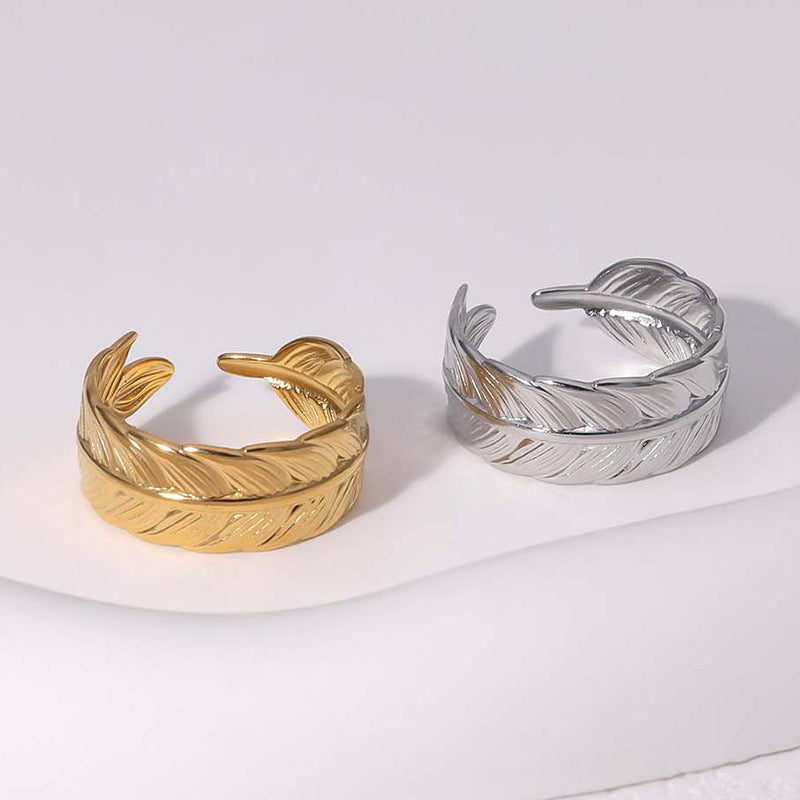 Minimalist Feather-Shaped Titanium Steel Ring with 18K Gold Plating for Women
