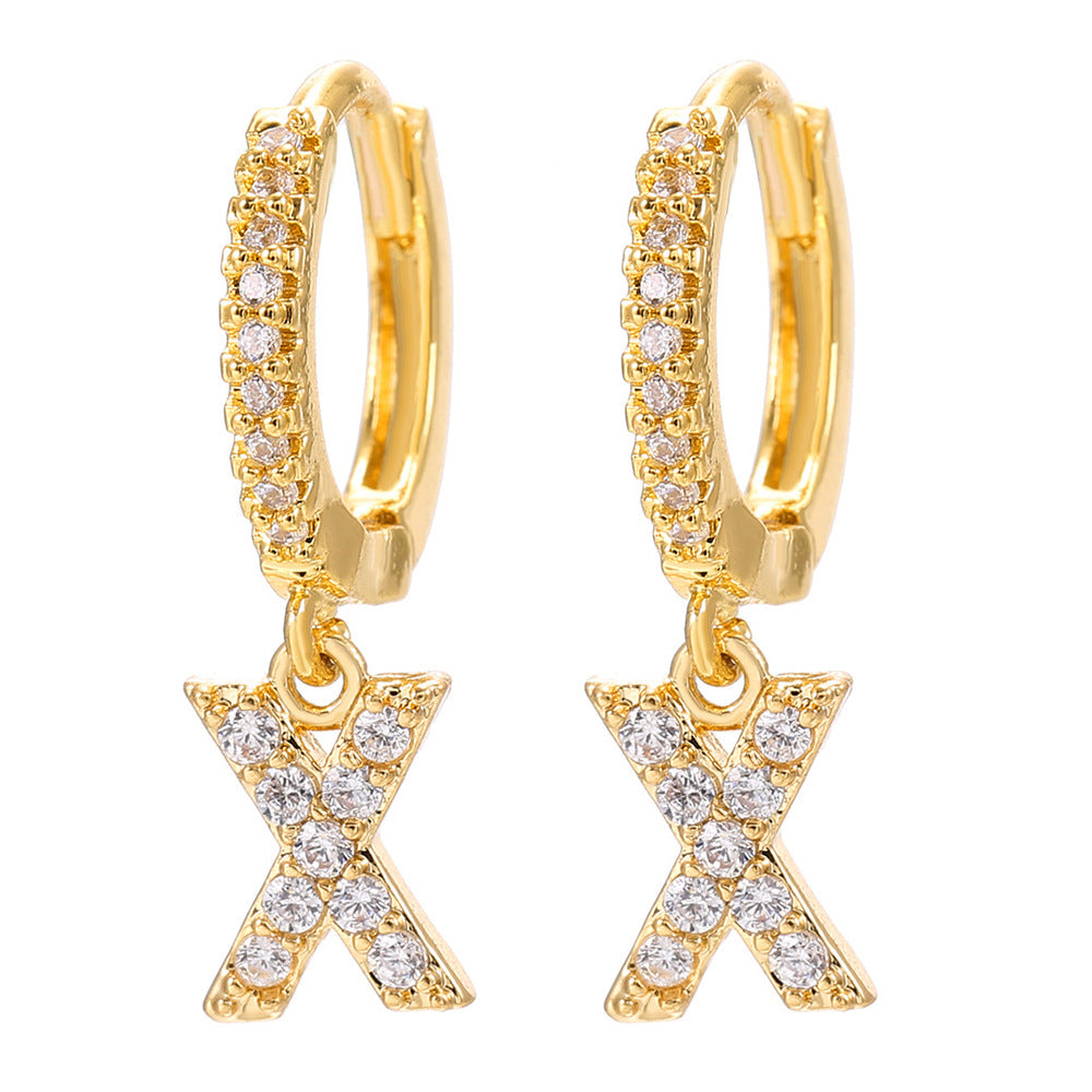 Elegant Gold Plated Letter Cubic Zirconia Inlay Brass Earrings