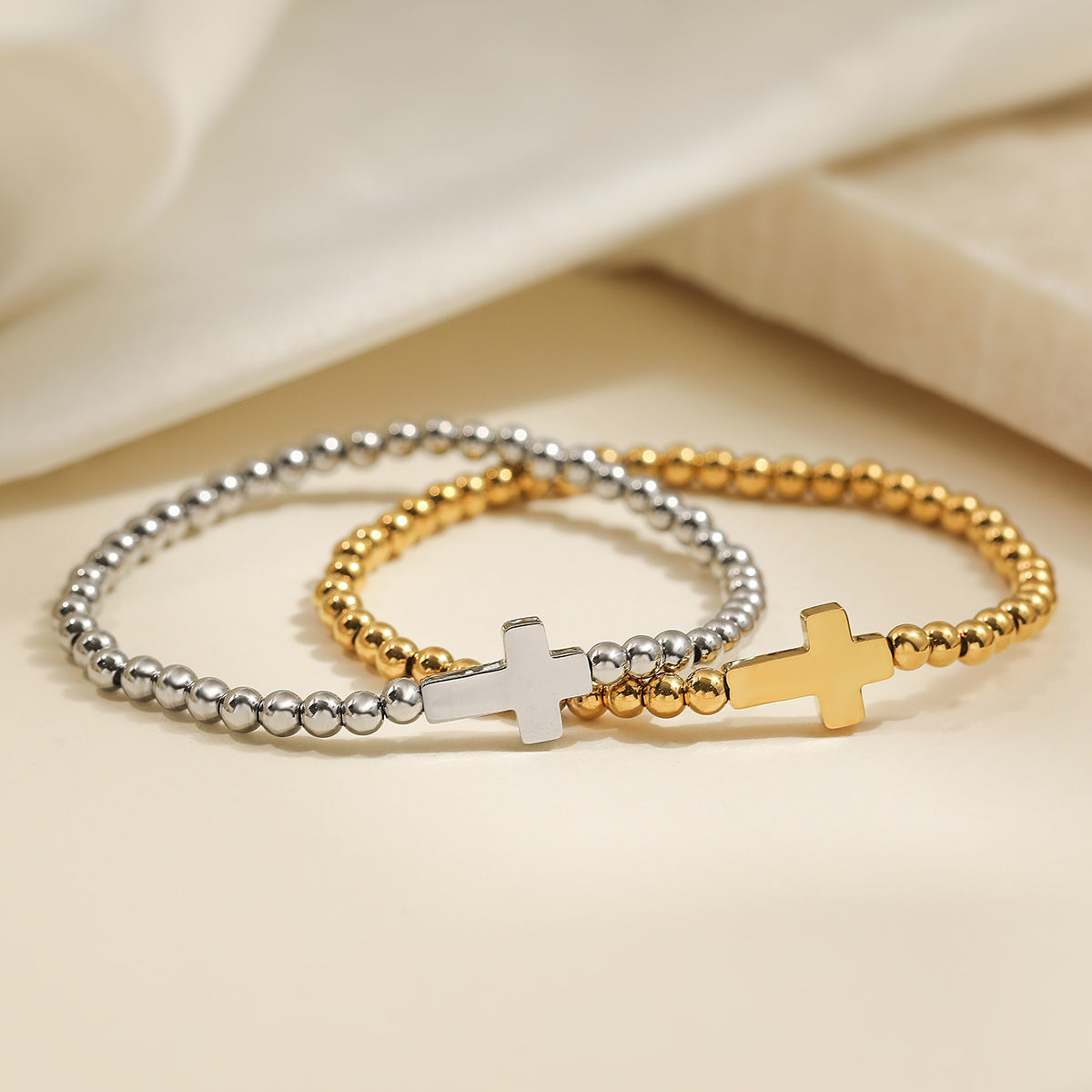 Minimalist Cross Pendant Beaded Bracelet for Women in Stainless Steel with 18K Gold Plating
