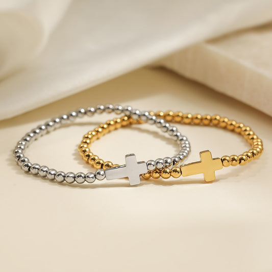 Pulsera de cuentas con colgante de cruz minimalista para mujer en acero inoxidable con baño de oro de 18 quilates