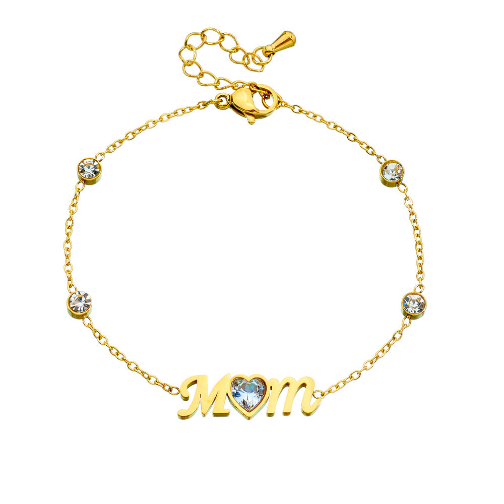 Minimalist Elegant Gold Plated Rhinestone Heart Letter MOM Bracelet for Women