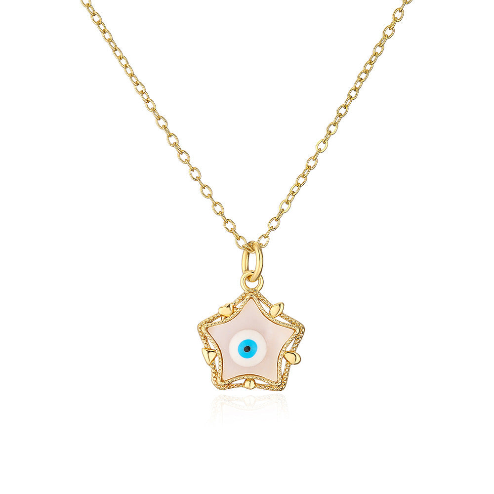 Collana Minimalista Geometrica a Cinque Punte Occhio di Allah da Donna, in Rame Placcato Oro 18K con Finitura a Smalto