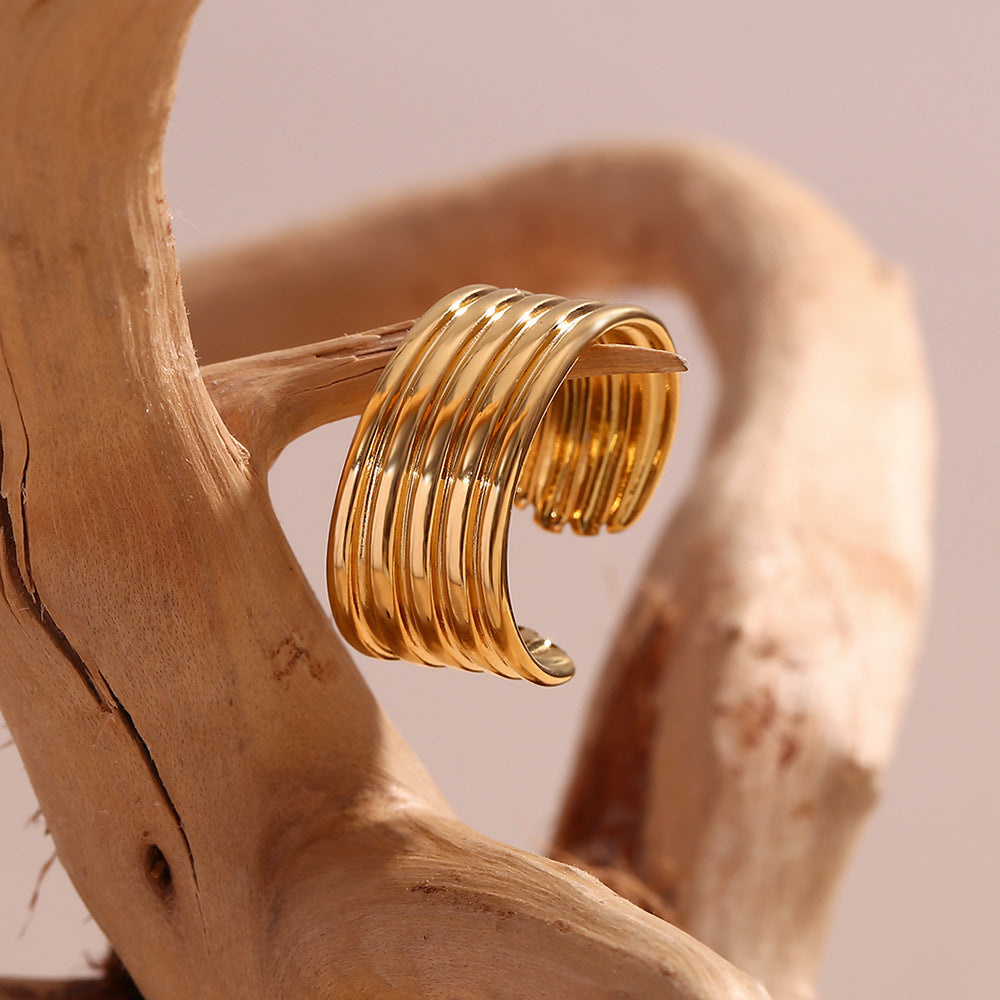 Minimalist Geometric Stainless Steel Plated 18K Gold Vintage Open-End Multi-Layer Striped Ring for Women