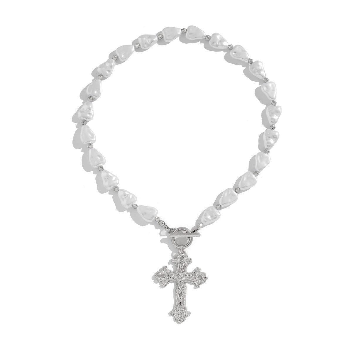 Collana asimmetrica di perle barocche con charm a croce e chiusura a T per donna, forma geometrica, pendente in lega galvanizzata su catena annodata a mano