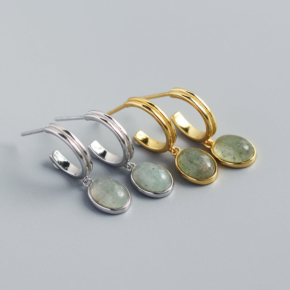 Minimalist Vintage S925 Sterling Silver Geometric C-Shaped Aventurine Inlay Earrings